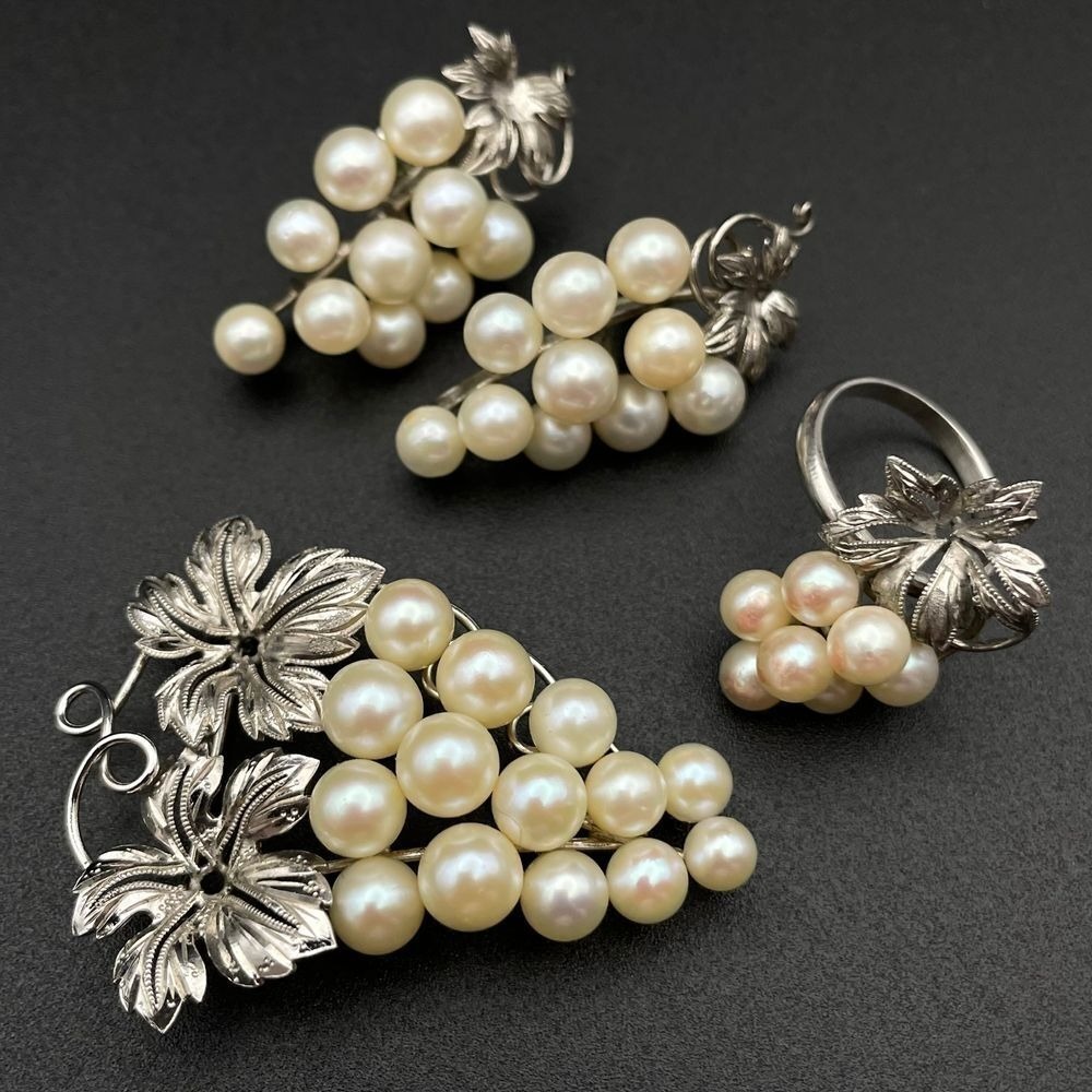 Vintage Silver Demi Parure Japan Akoya Pearl Grape Cluster Brooch Earrings Ring